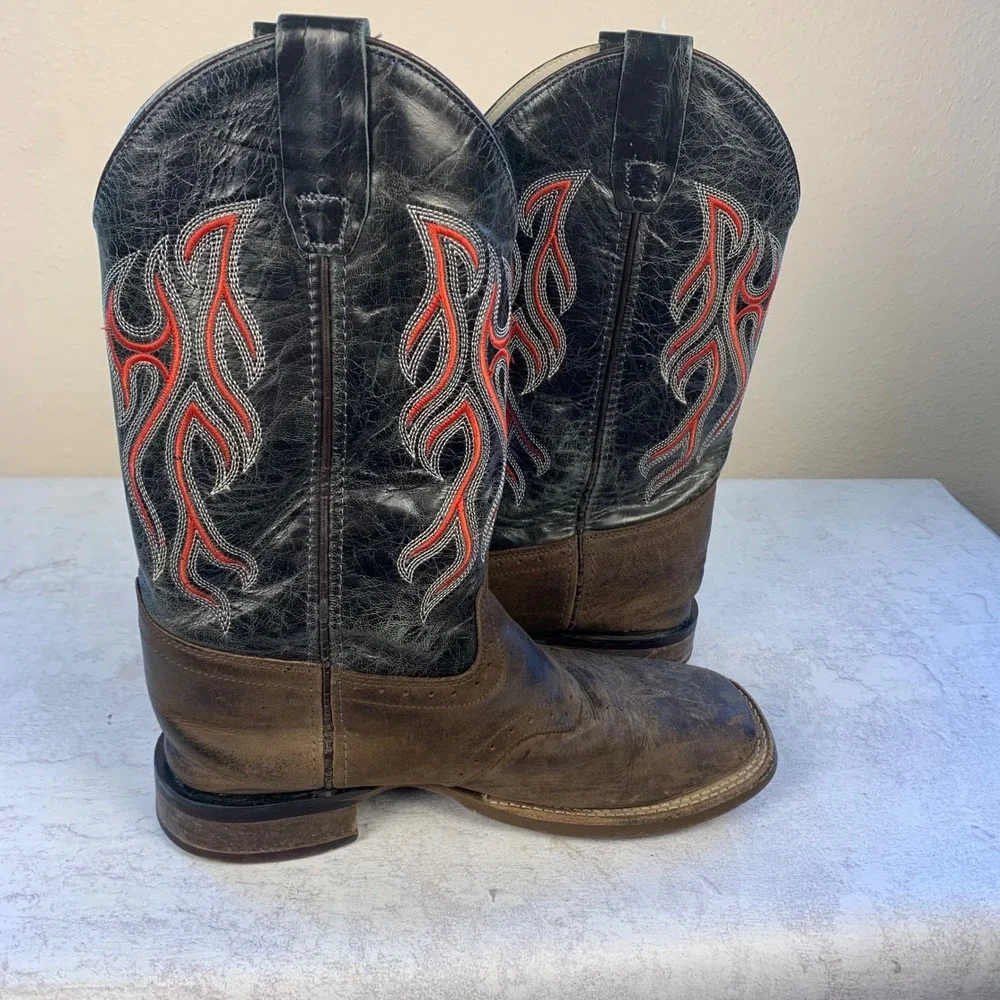 Old West Boys 5.5D Cowboy Boots Brown Leather Black Red Flame Embroidery BSY1868